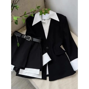 Yipinpay 2023 New Fake Two Piece Suit Jacket Top Half Skirt Shorts Wide Leg Short Pants Two Piece Set Y2k Black Blazers Shirts